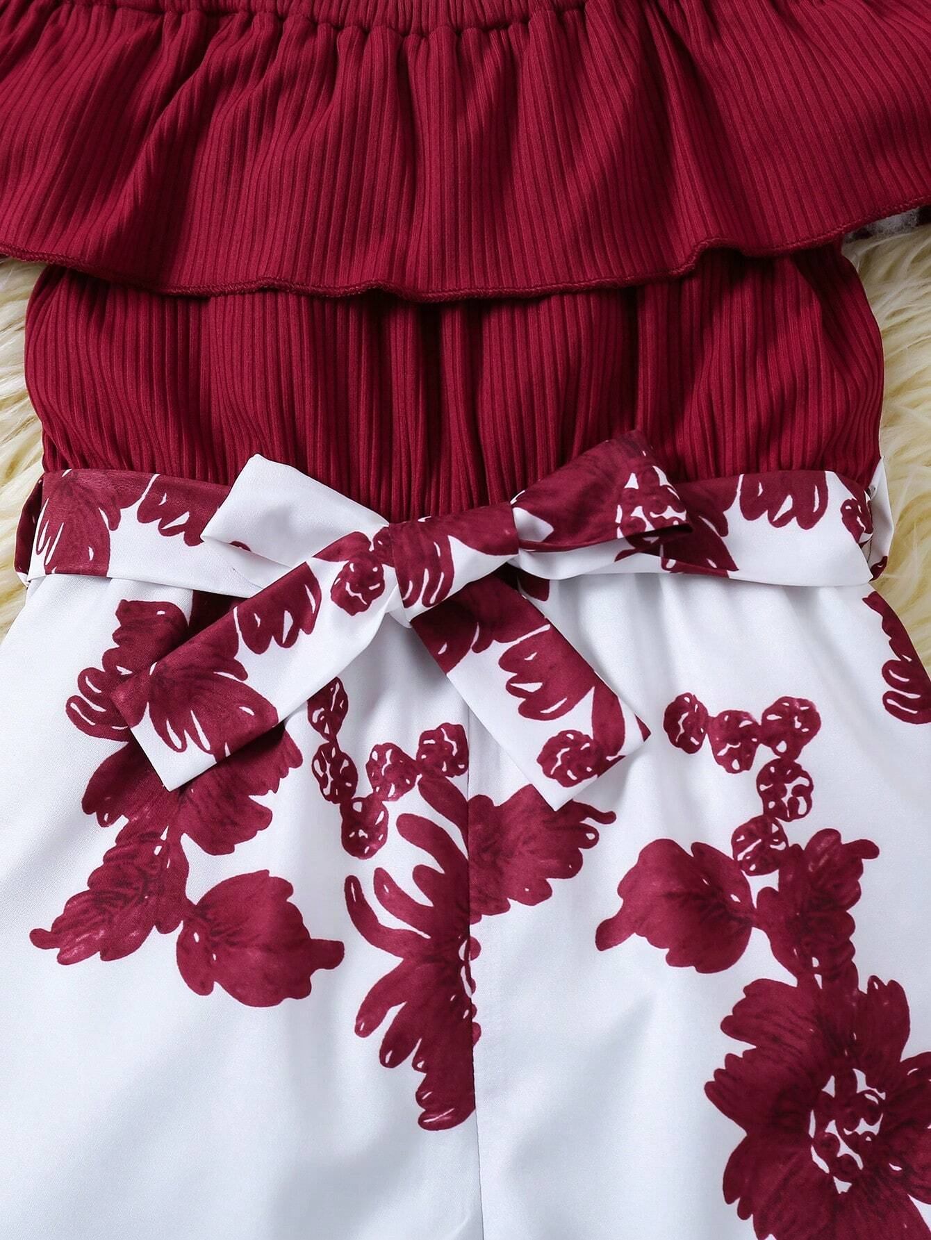 Little Girls Ruffle Cold-Shoulder Floral Jumpsuit - Crimson | 21 Ce...