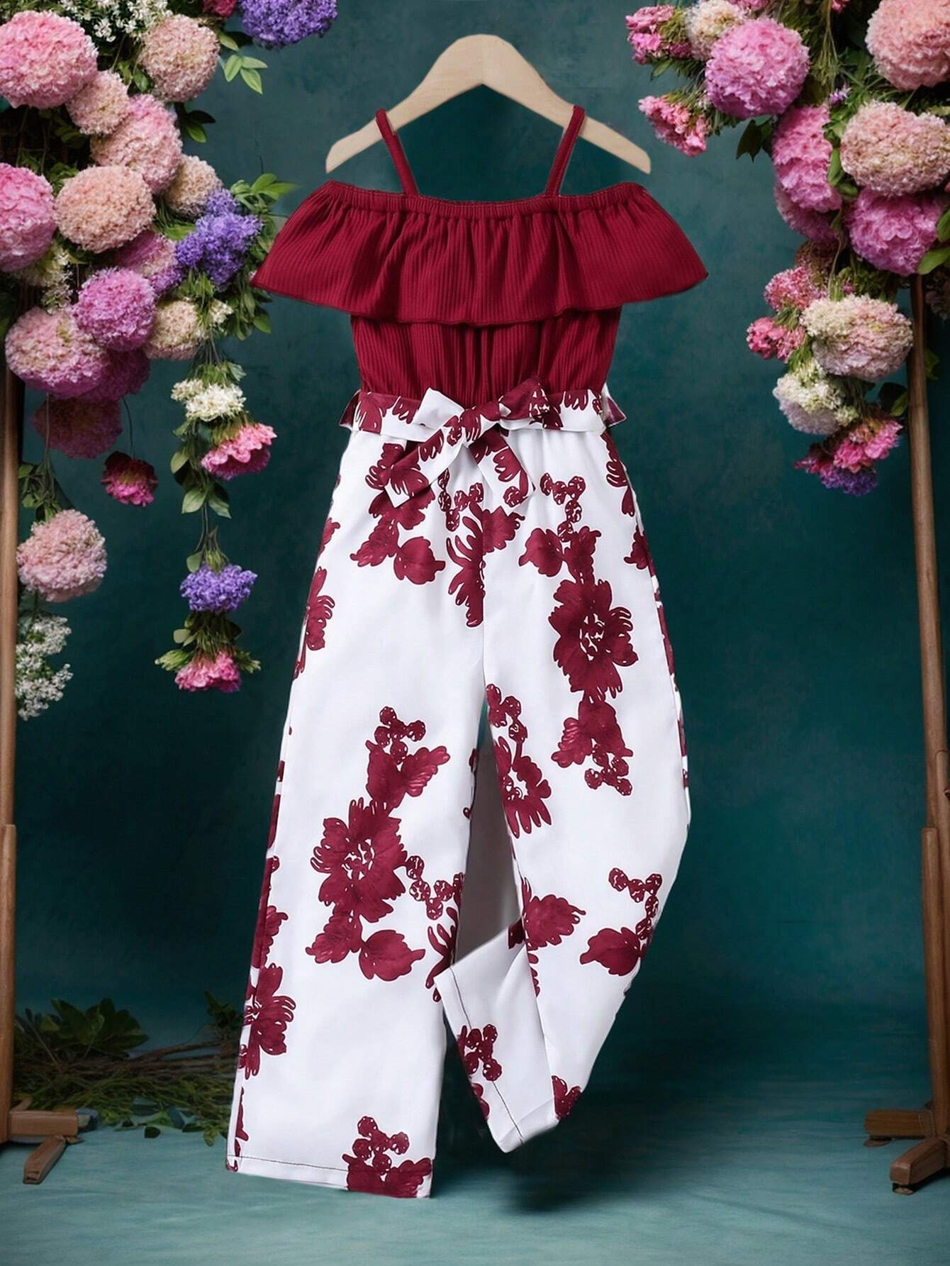 Little Girls Ruffle Cold-Shoulder Floral Jumpsuit - Crimson | 21 Ce...