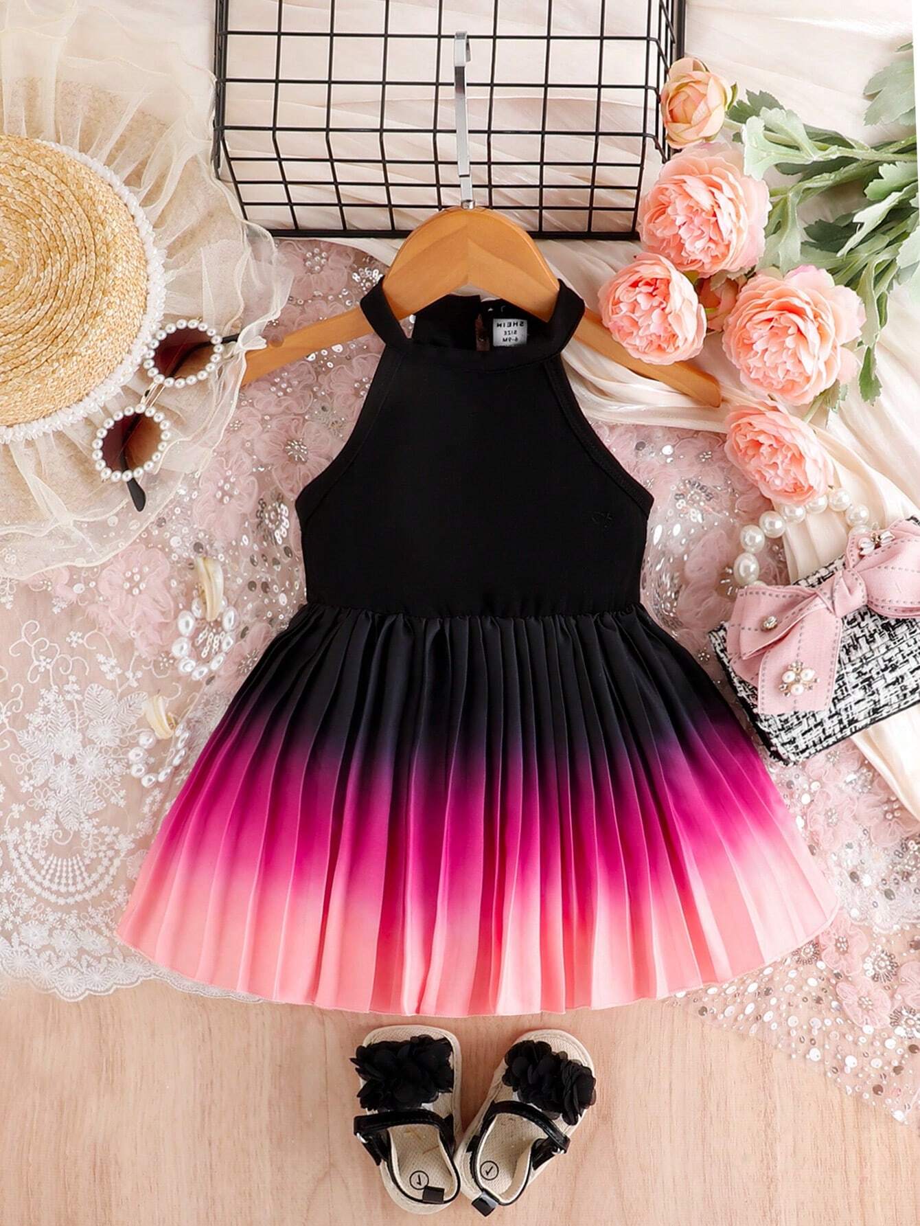 Girls Halter Neck Ombré Pleated A-Line Dress - Onyx | 21 Century Kids