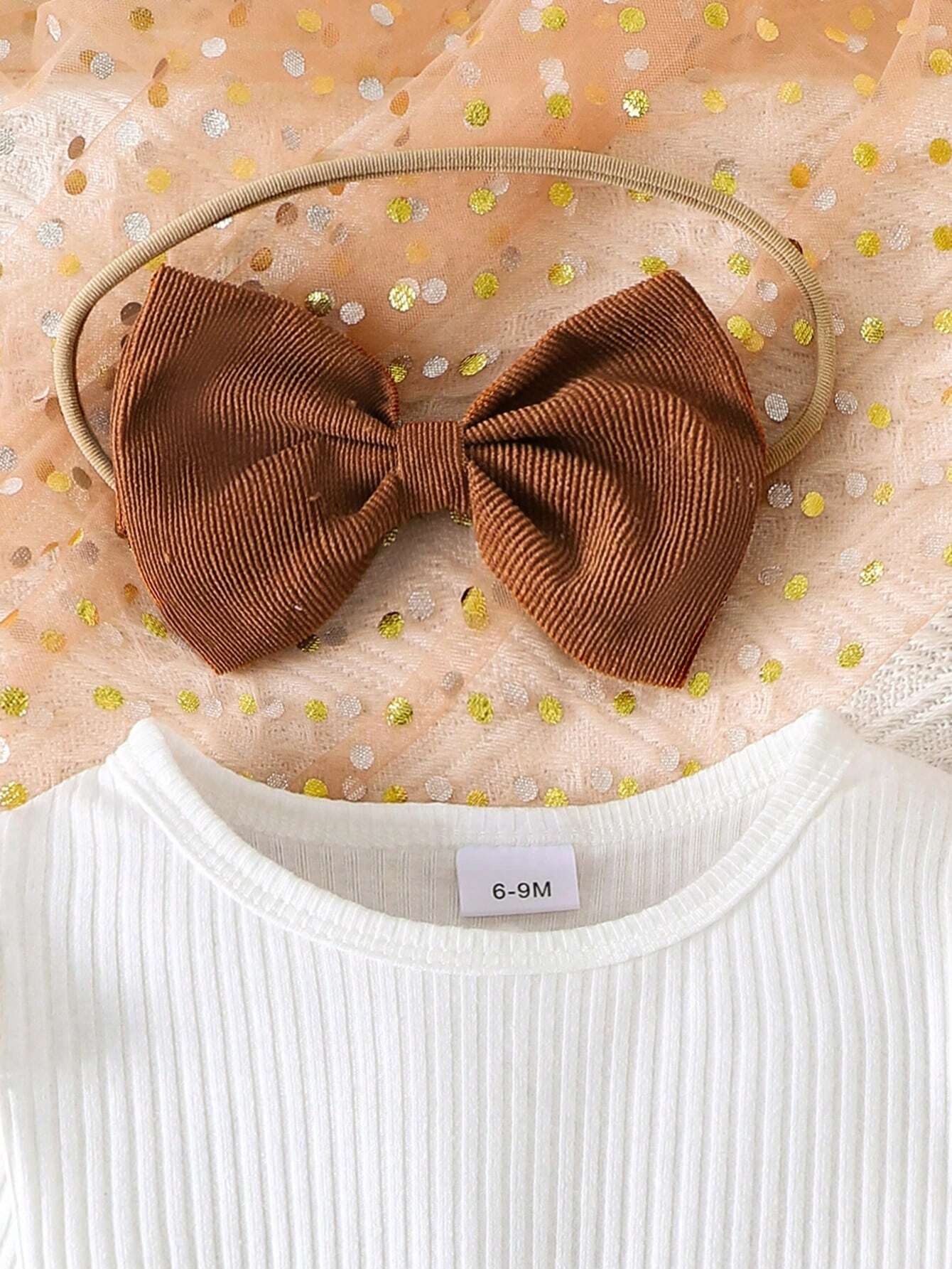 3pcs Girls Ribbed Flutter Sleeve Top & Bow Corduroy Skirt Set - Wen...