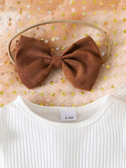 3pcs Girls Ribbed Flutter Sleeve Top & Bow Corduroy Skirt Set - Wen...