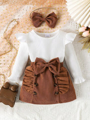 3pcs Girls Ribbed Flutter Sleeve Top & Bow Corduroy Skirt Set - Wen...