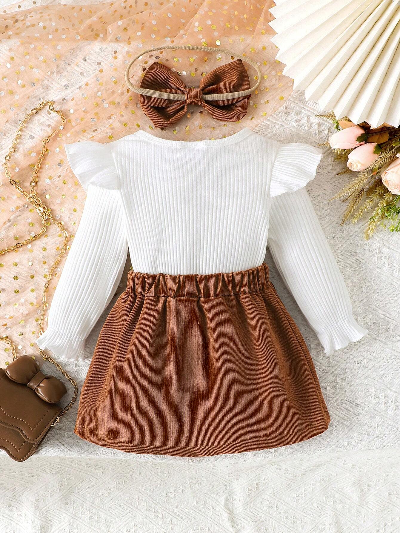 3pcs Girls Ribbed Flutter Sleeve Top & Bow Corduroy Skirt Set - Wen...