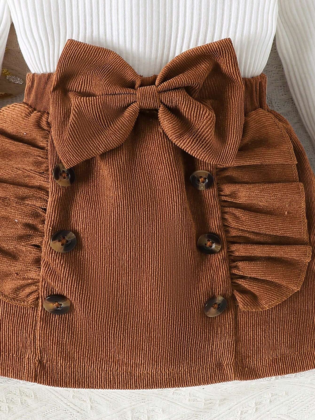 3pcs Girls Ribbed Flutter Sleeve Top & Bow Corduroy Skirt Set - Wen...