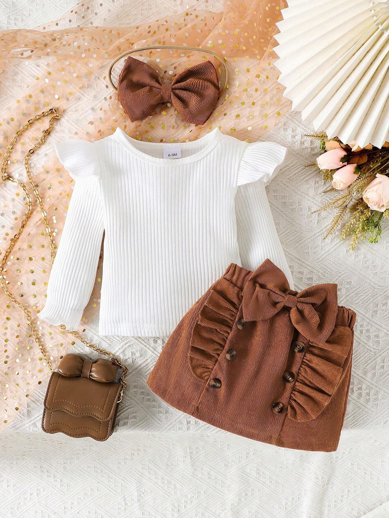 3pcs Girls Ribbed Flutter Sleeve Top & Bow Corduroy Skirt Set - Wen...