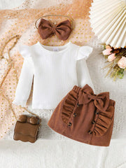 3pcs Girls Ribbed Flutter Sleeve Top & Bow Corduroy Skirt Set - Wen...