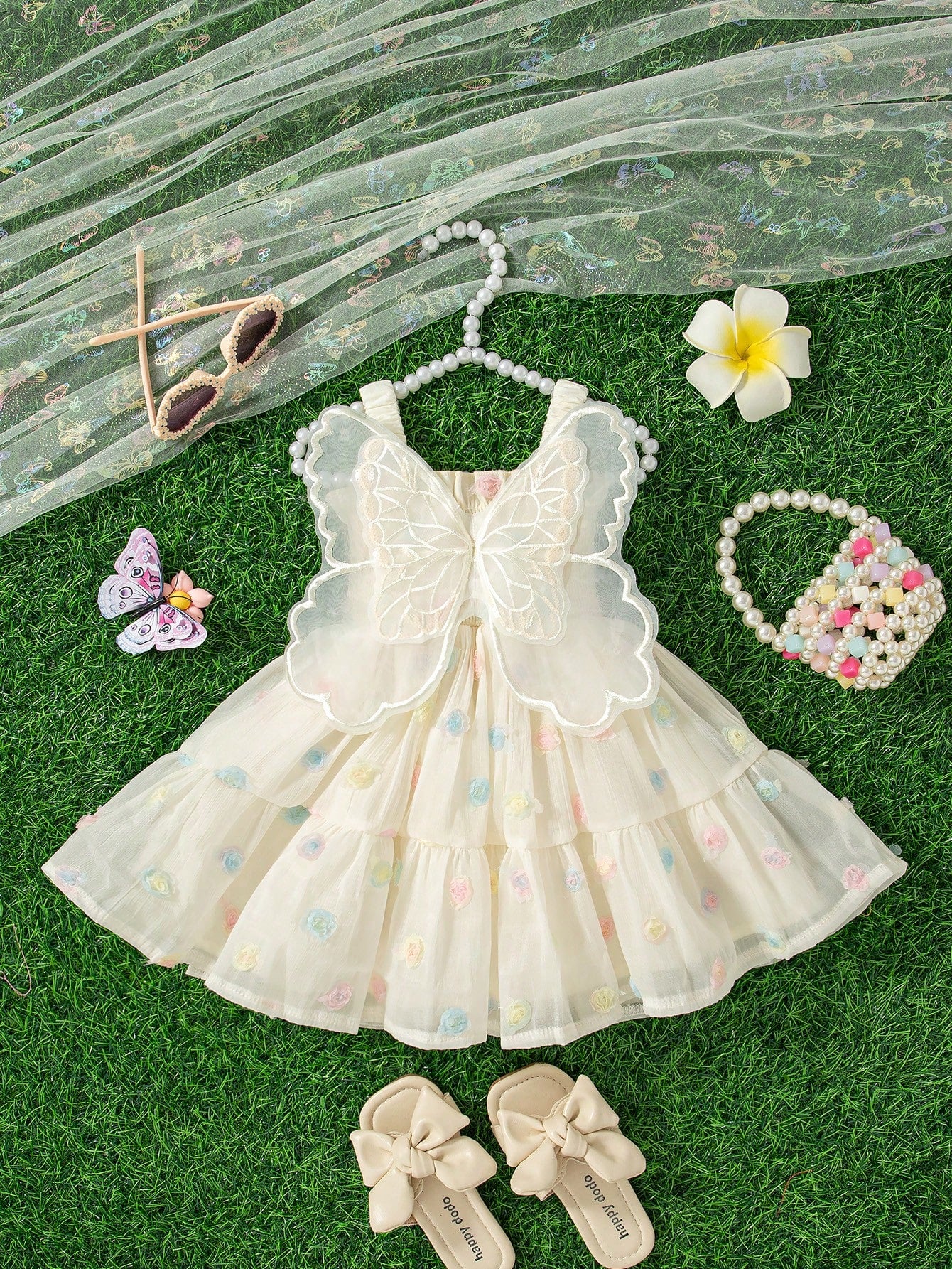 Girls Butterfly Wing 3D Floral Tiered Cami Dress - Ecru | 21 Centur...