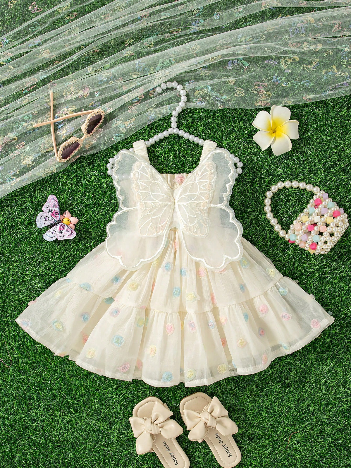 Girls Butterfly Wing 3D Floral Tiered Cami Dress - Ecru | 21 Centur...