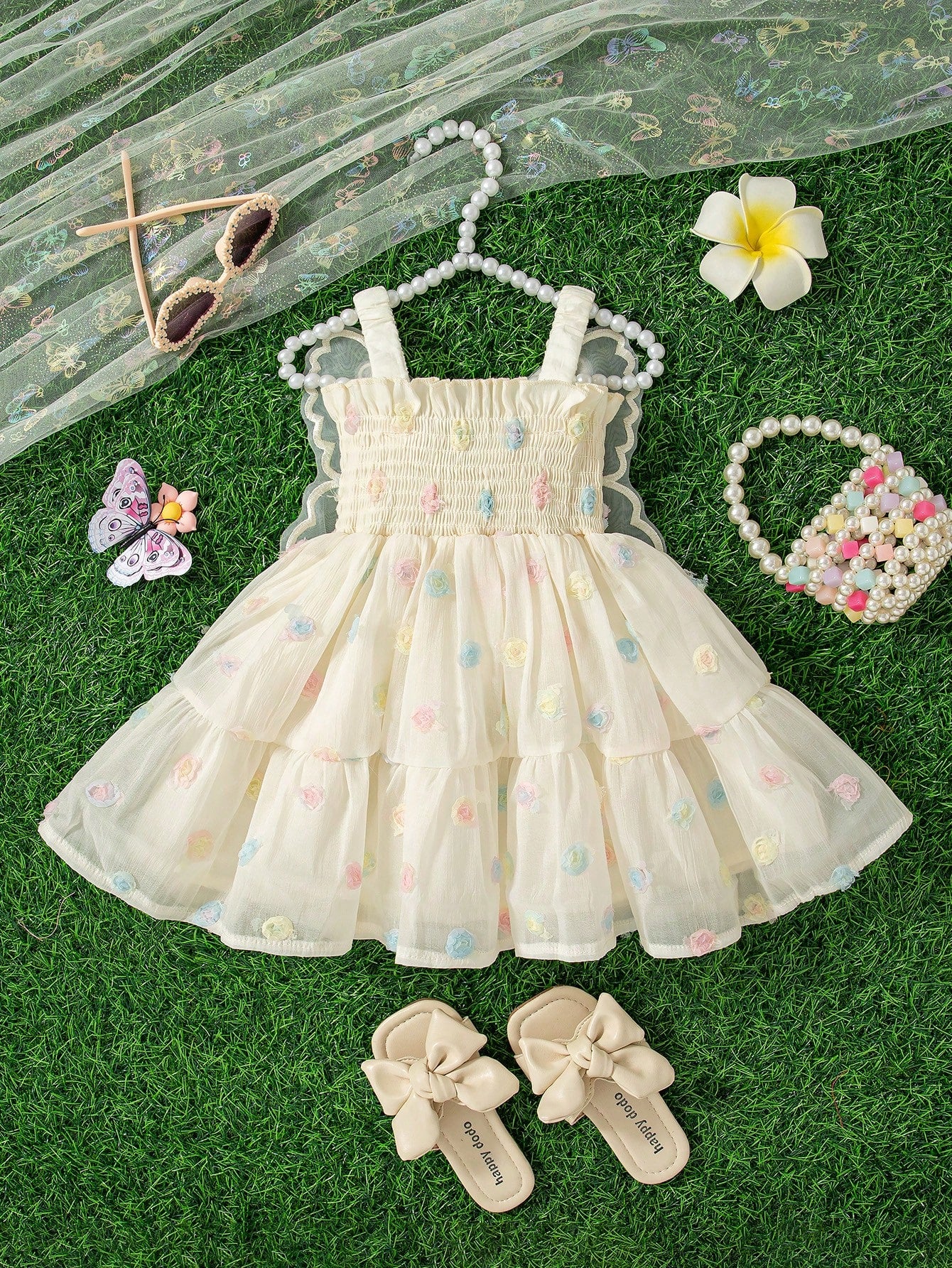 Girls Butterfly Wing 3D Floral Tiered Cami Dress - Ecru | 21 Centur...