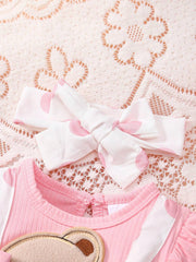 2pcs Baby Girls Bear Appliqué Polka Dot Romper & Headband - Blush |...