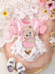 2pcs Baby Girls Bear Appliqué Polka Dot Romper & Headband - Blush |...