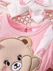 2pcs Baby Girls Bear Appliqué Polka Dot Romper & Headband - Blush |...