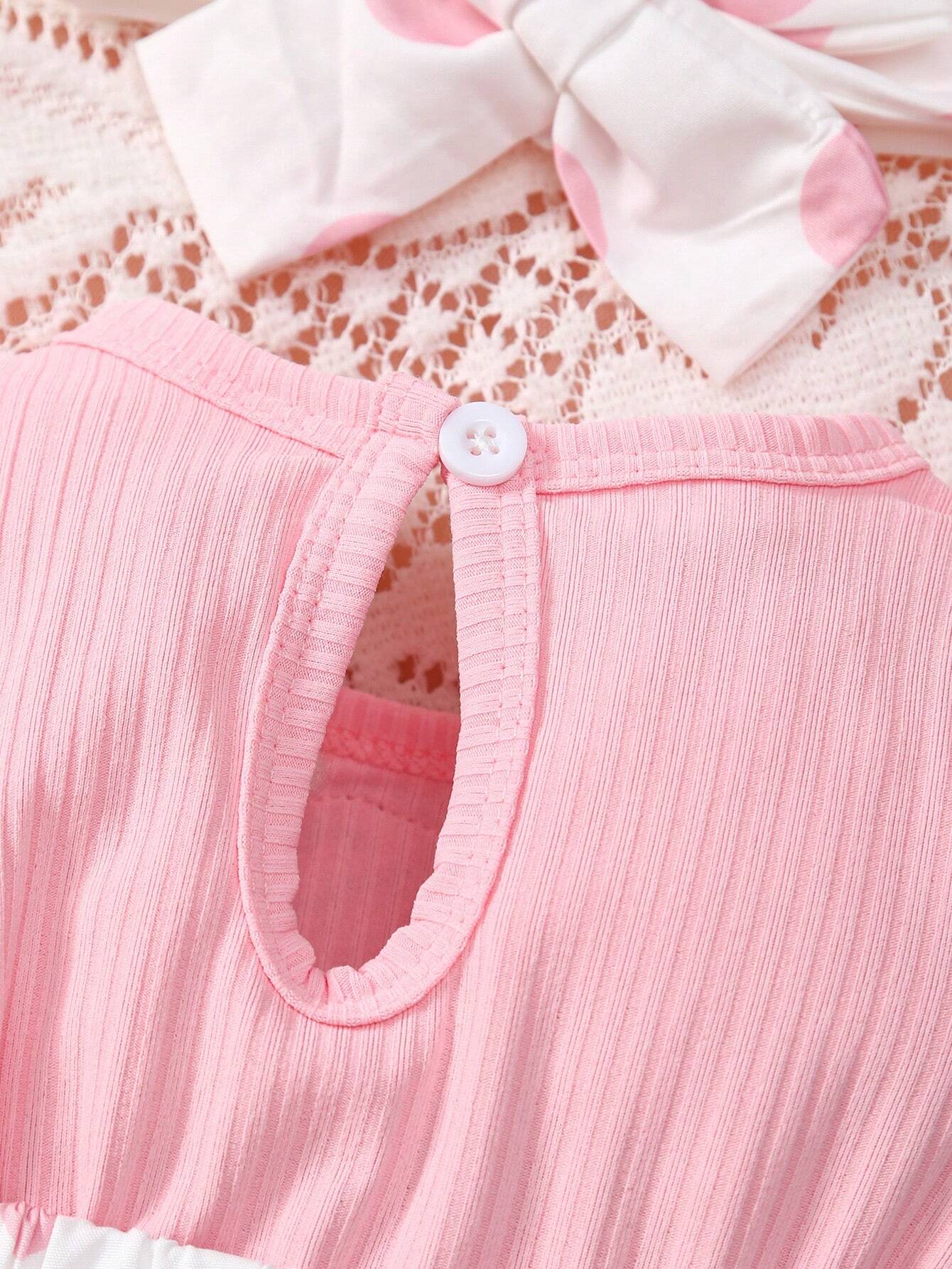 2pcs Baby Girls Bear Appliqué Polka Dot Romper & Headband - Blush |...
