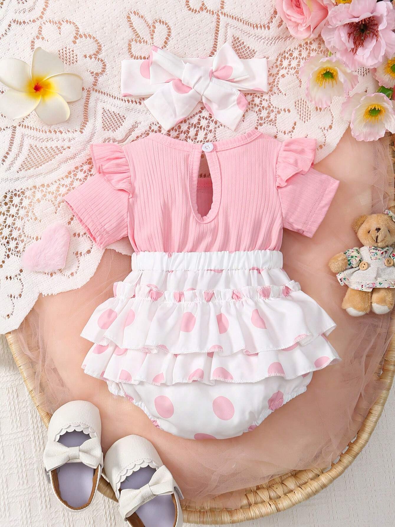 2pcs Baby Girls Bear Appliqué Polka Dot Romper & Headband - Blush |...