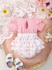 2pcs Baby Girls Bear Appliqué Polka Dot Romper & Headband - Blush |...