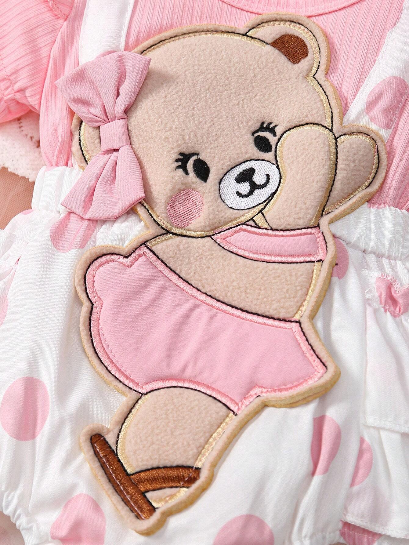2pcs Baby Girls Bear Appliqué Polka Dot Romper & Headband - Blush |...
