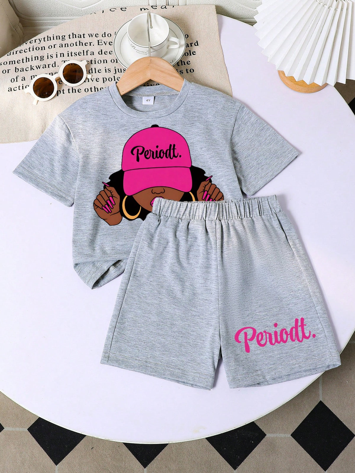 Girls 'Periodt' Graphic Tee & Shorts Set - Slate