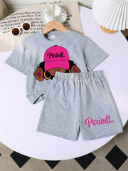 Girls 'Periodt' Graphic Tee & Shorts Set - Slate