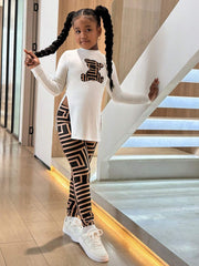 2pcs Girls Bear Graphic Long-Sleeve Top & Geo-Print Leggings Set - ...
