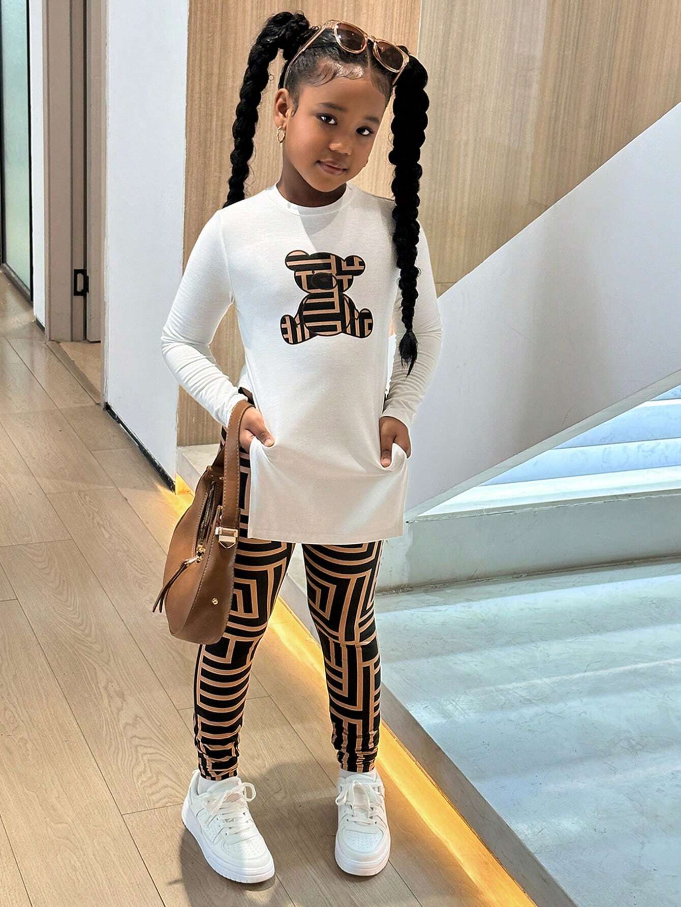 2pcs Girls Bear Graphic Long-Sleeve Top & Geo-Print Leggings Set - ...