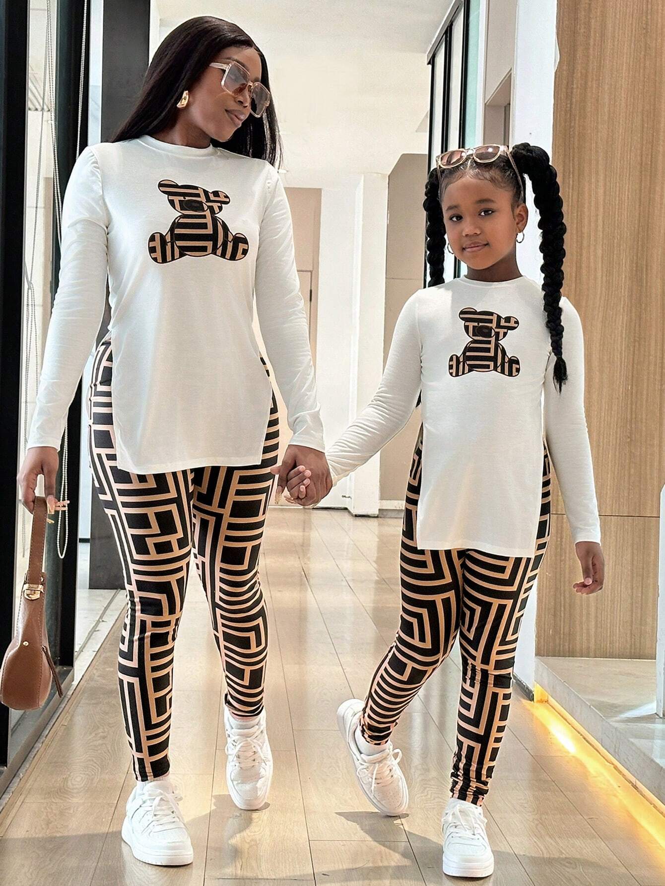 2pcs Girls Bear Graphic Long-Sleeve Top & Geo-Print Leggings Set - ...