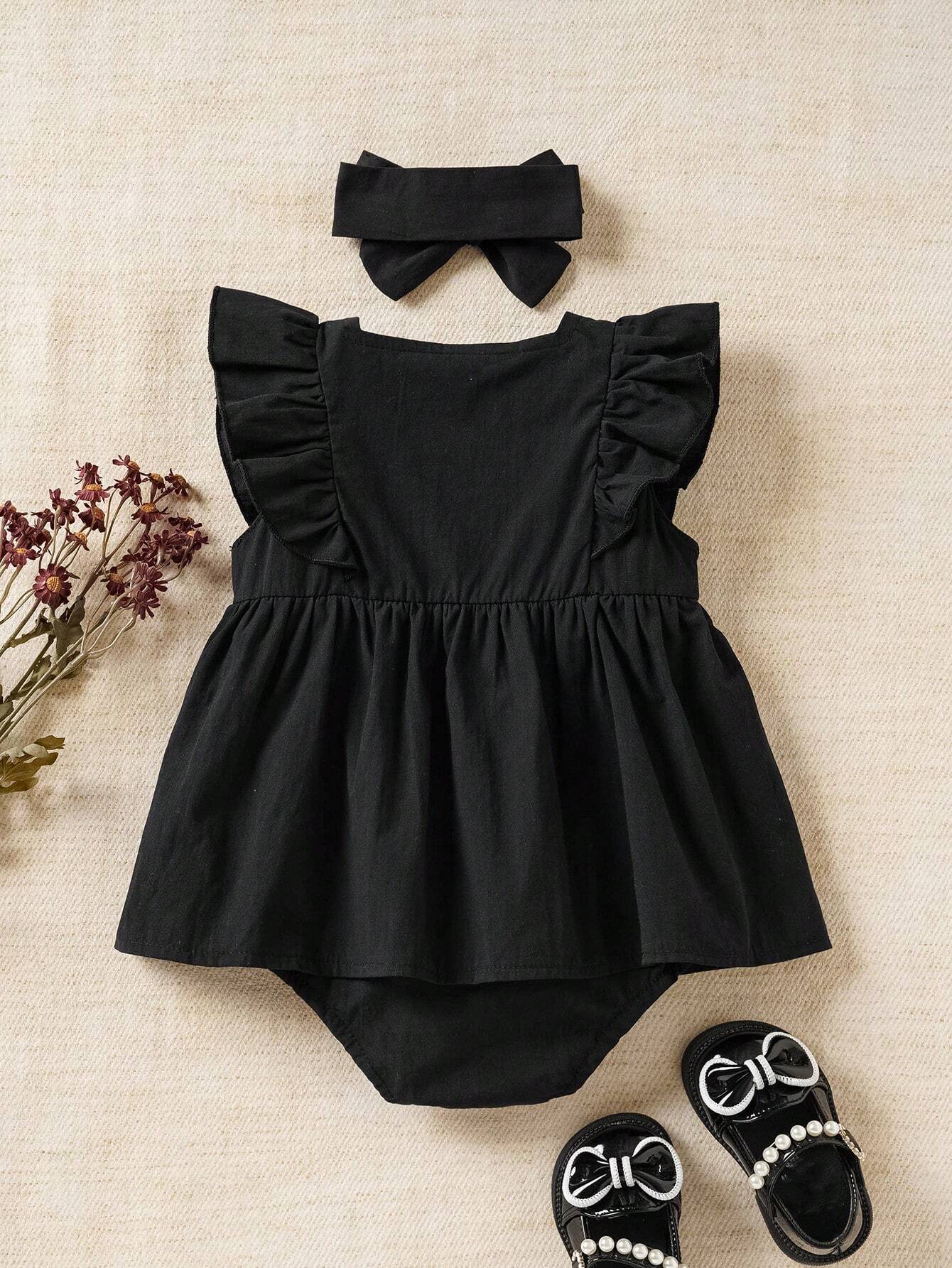 Girls Ruffle Sleeve Square Neck Bodysuit Dress - Onyx