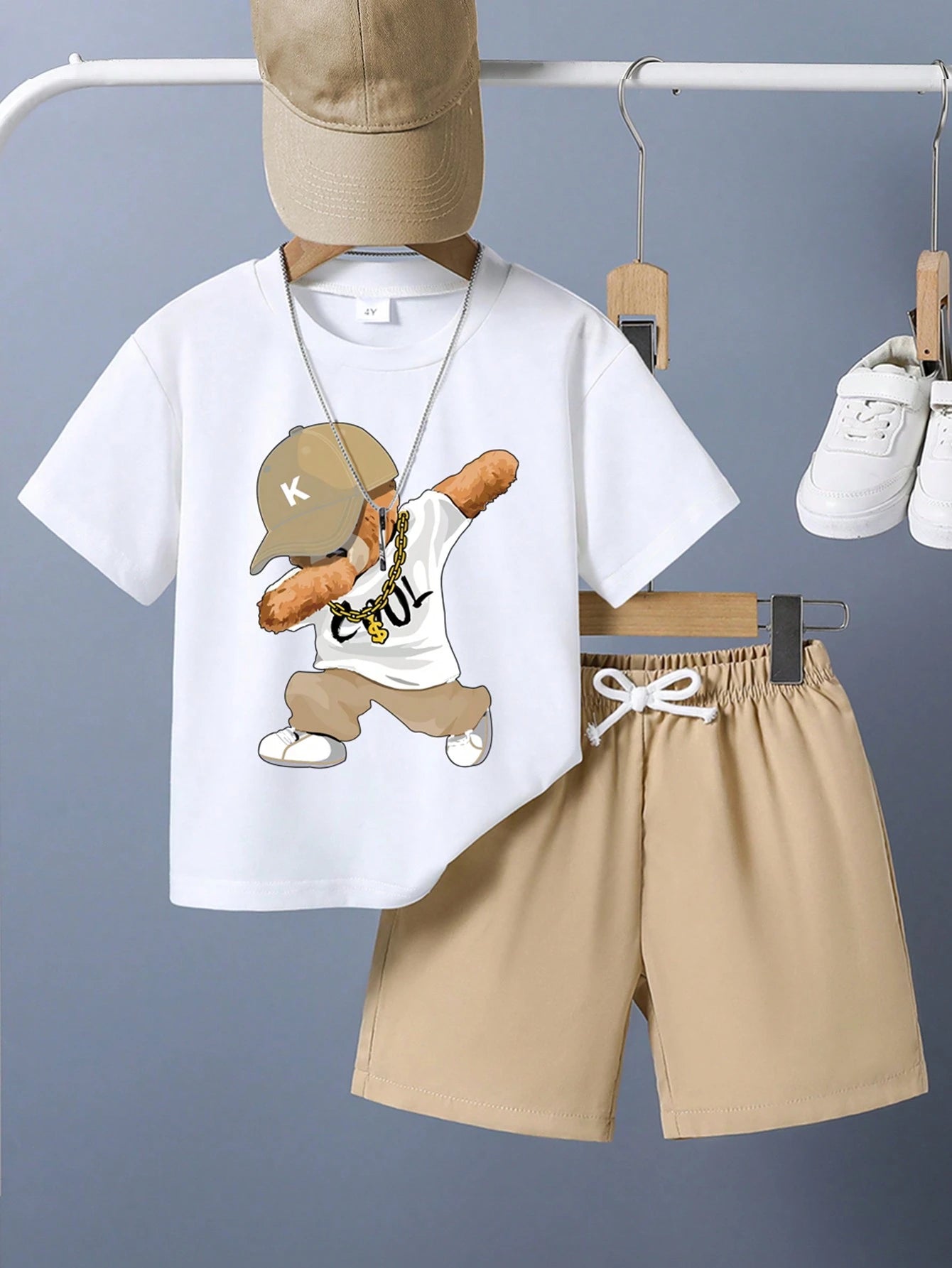 Boys Dabbing Bear Graphic Tee & Shorts Set - Ivory