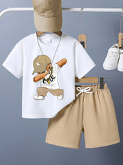 Boys Dabbing Bear Graphic Tee & Shorts Set - Ivory