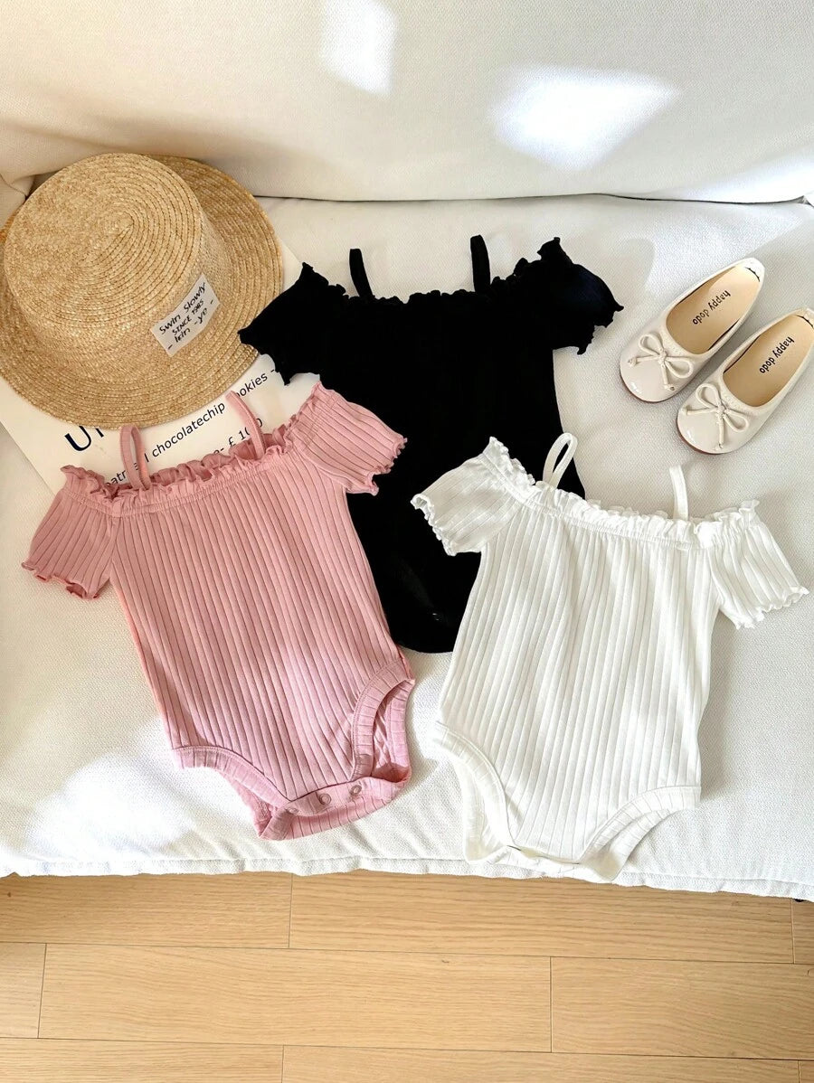 Baby Girls Off-Shoulder Ruffle Ribbed Bodysuit - Blush