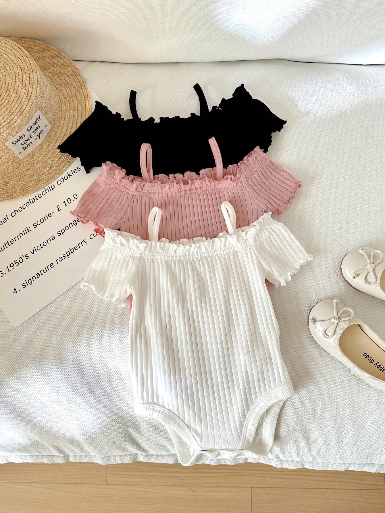 Baby Girls Off-Shoulder Ruffle Ribbed Bodysuit - Blush