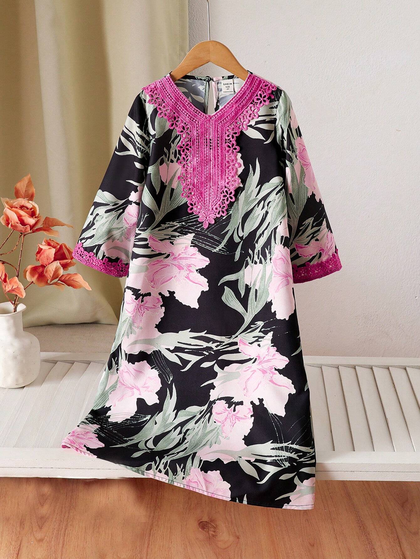 Little Girls Floral Print Lace Trim Tunic Dress - Onyx | 21 Century...