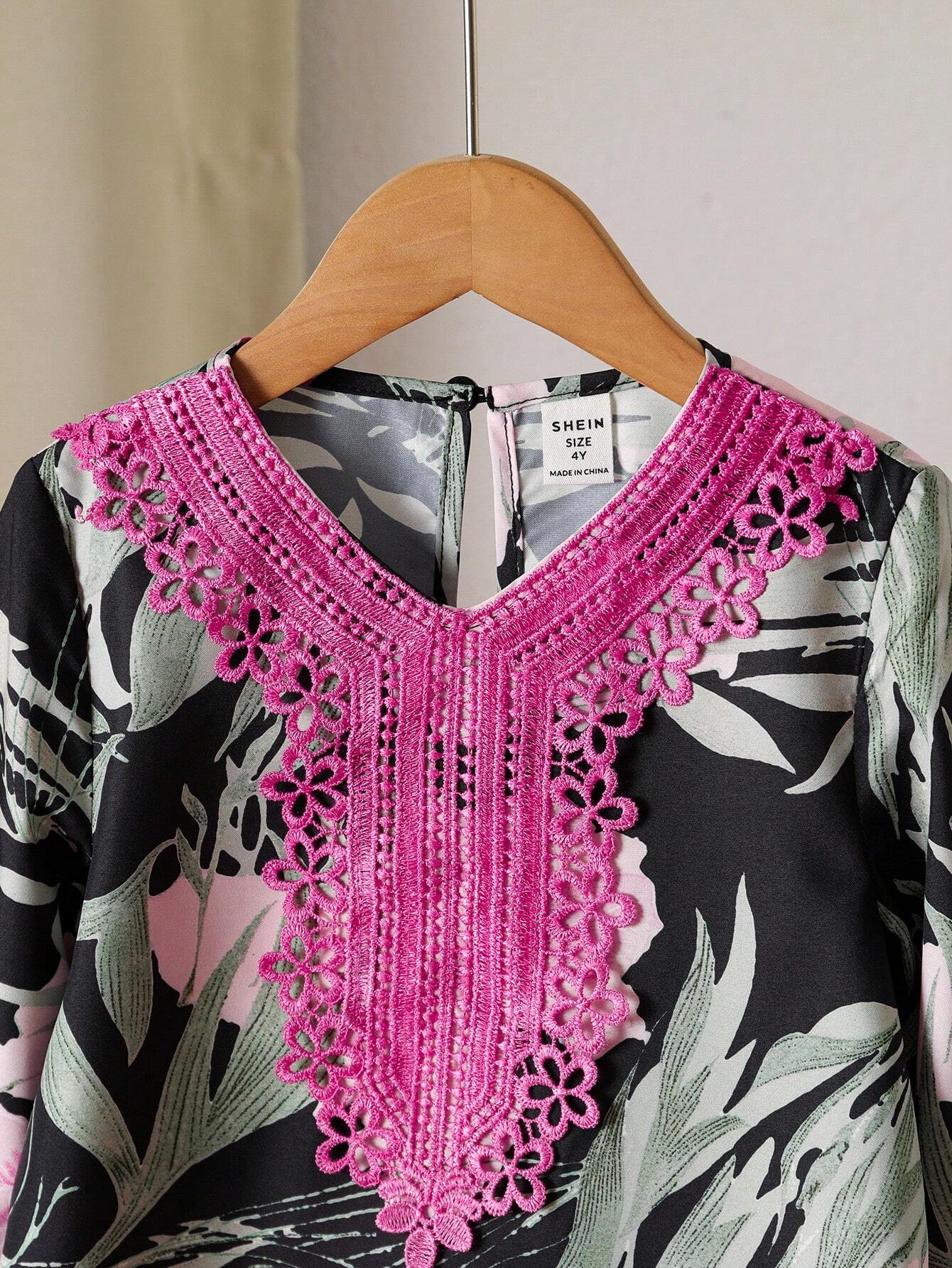 Little Girls Floral Print Lace Trim Tunic Dress - Onyx | 21 Century...