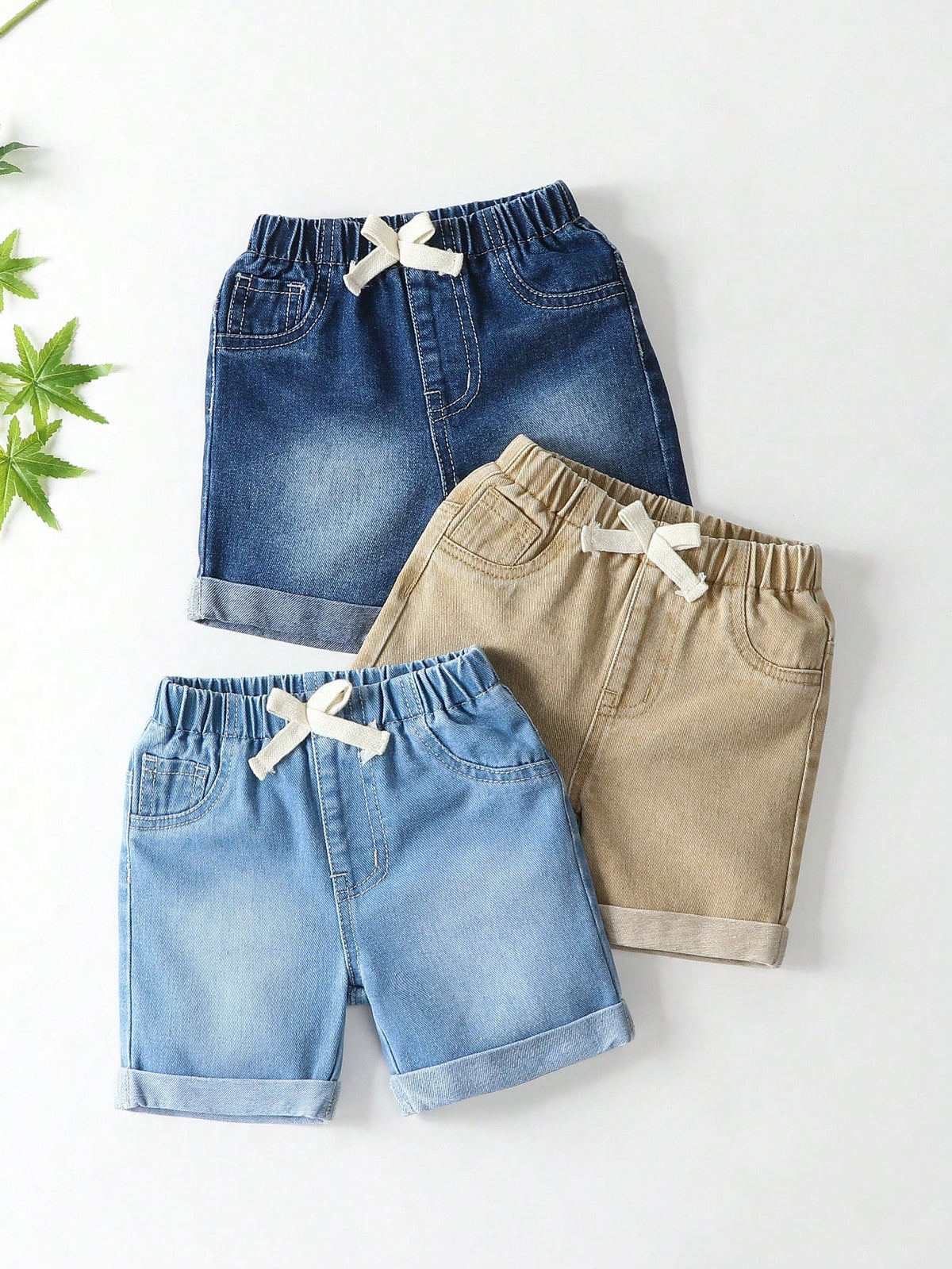 3pcs Boys Drawstring Waist Cuffed Denim Shorts Set - Indigo | 21 Ce...