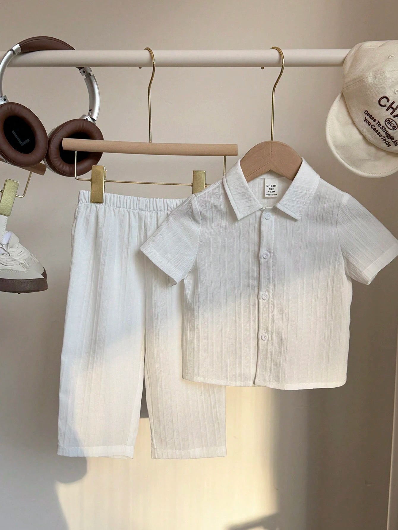 2pcs Boys Textured Polo Collar Shirt & Pants Set - Ivory