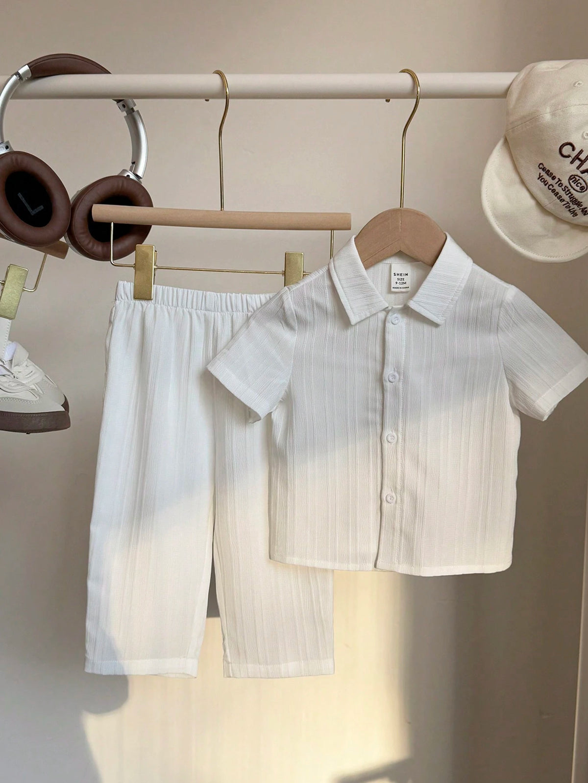 2pcs Boys Textured Polo Collar Shirt & Pants Set - Ivory