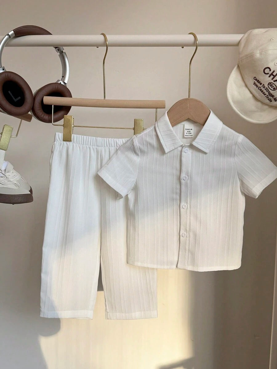 2pcs Boys Textured Polo Collar Shirt & Pants Set - Ivory