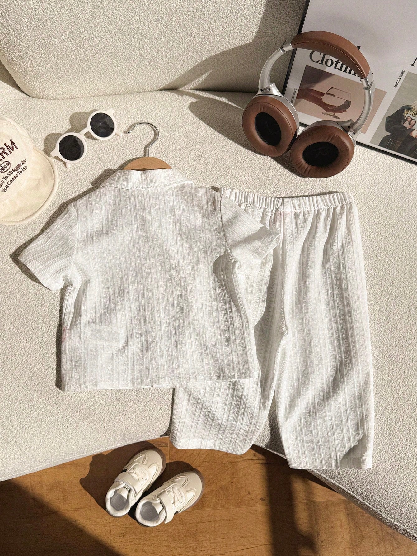 2pcs Boys Textured Polo Collar Shirt & Pants Set - Ivory