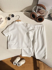 2pcs Boys Textured Polo Collar Shirt & Pants Set - Ivory