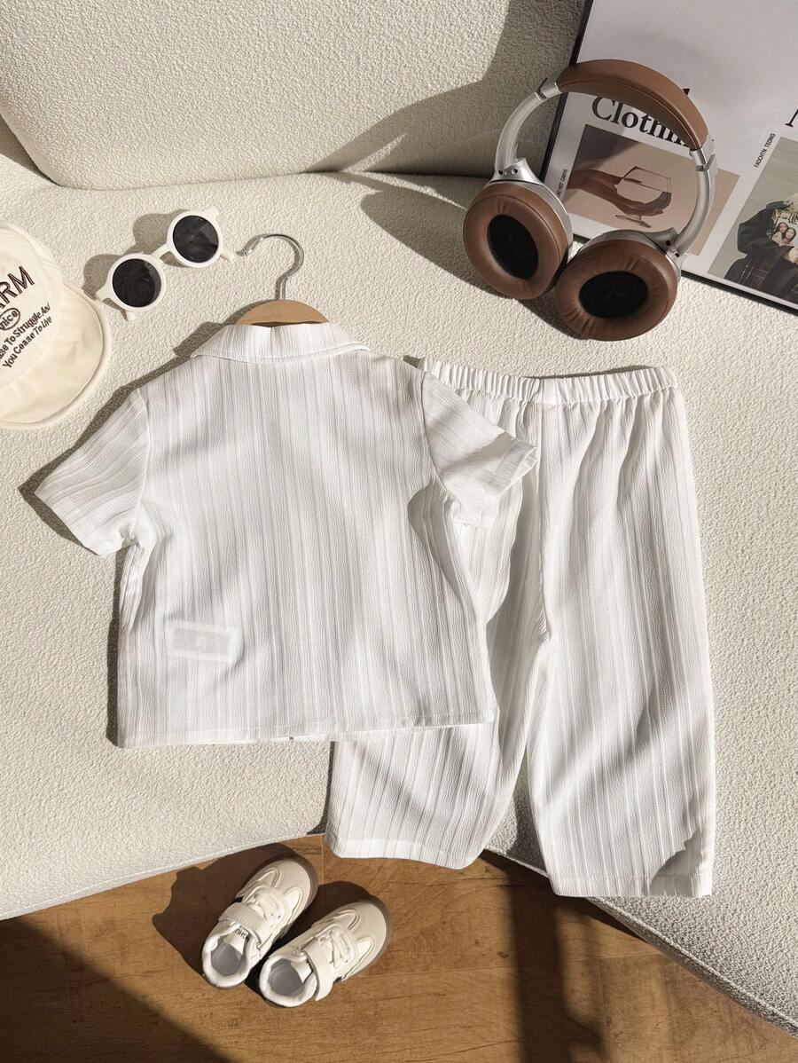 2pcs Boys Textured Polo Collar Shirt & Pants Set - Ivory