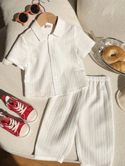 2pcs Boys Textured Polo Collar Shirt & Pants Set - Ivory
