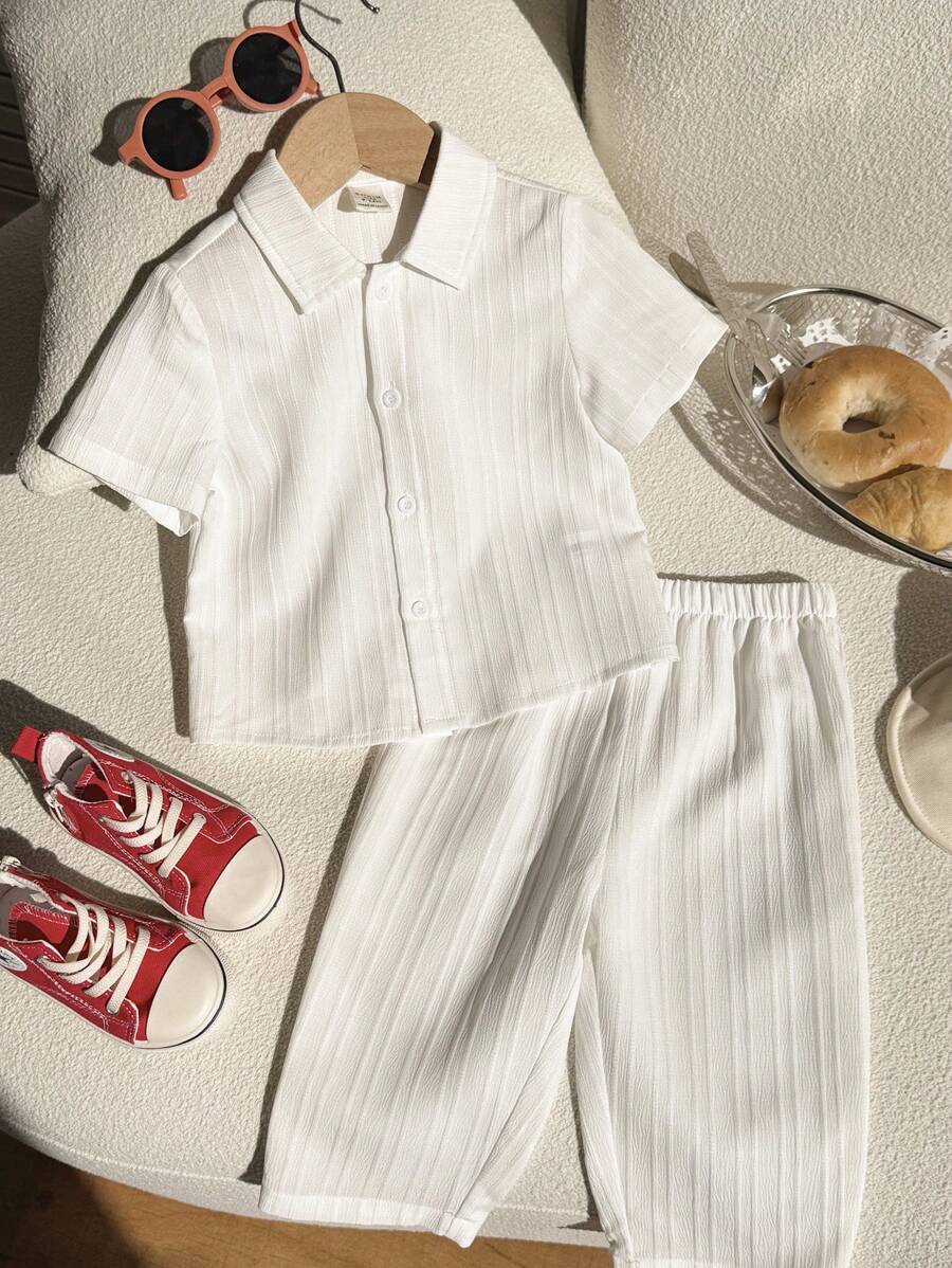 2pcs Boys Textured Polo Collar Shirt & Pants Set - Ivory