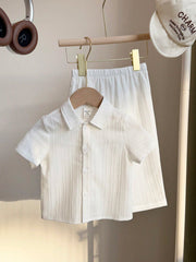 2pcs Boys Textured Polo Collar Shirt & Pants Set - Ivory