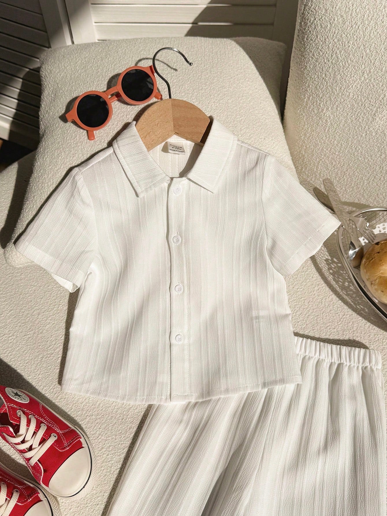 2pcs Boys Textured Polo Collar Shirt & Pants Set - Ivory