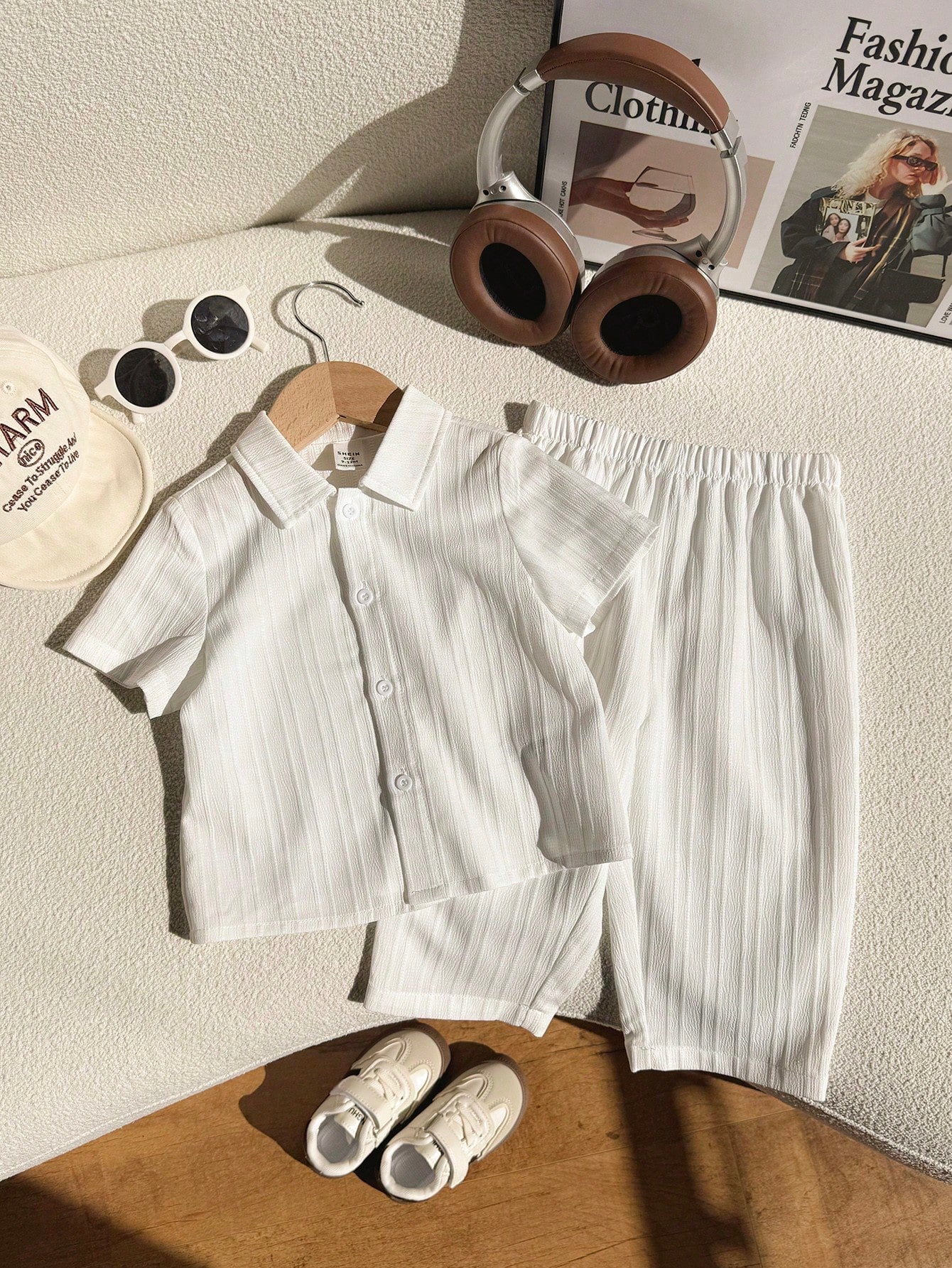 2pcs Boys Textured Polo Collar Shirt & Pants Set - Ivory