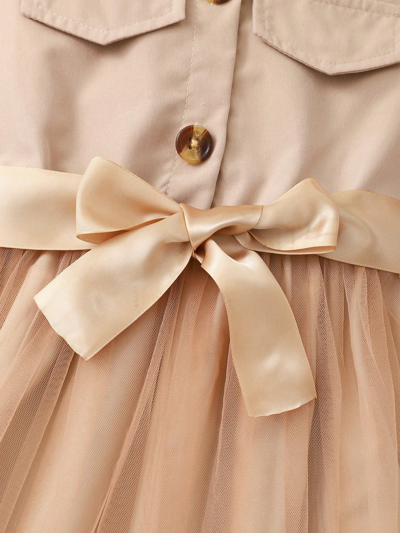 Girls Utility Bodice Tulle Skirt Bow-Belted Dress - Latte