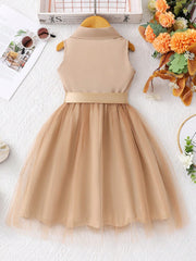 Girls Utility Bodice Tulle Skirt Bow-Belted Dress - Latte