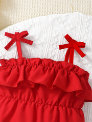 2pcs Girls Ruffle Spaghetti Strap Bodysuit Set - Scarlet