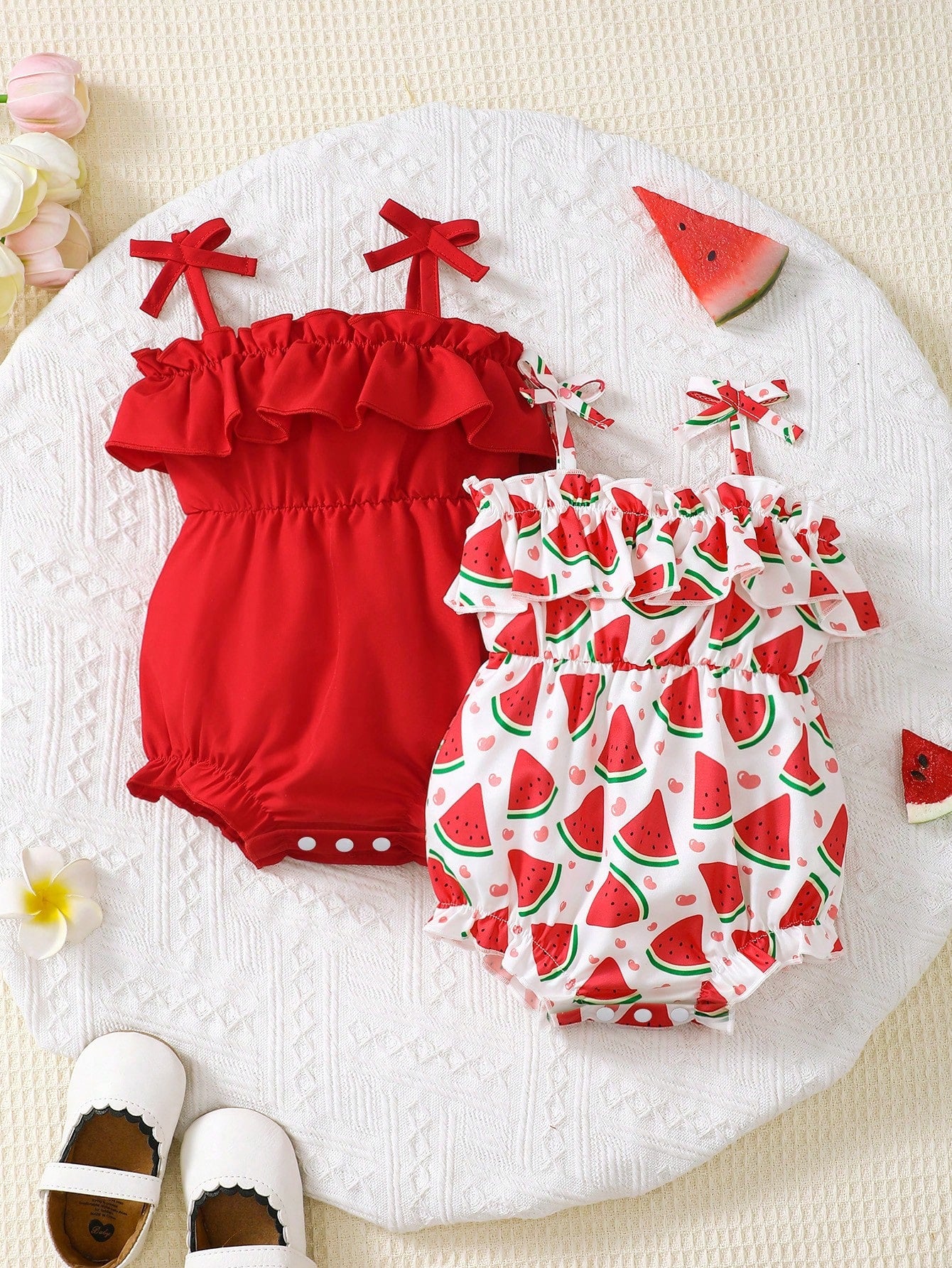 2pcs Girls Ruffle Spaghetti Strap Bodysuit Set - Scarlet