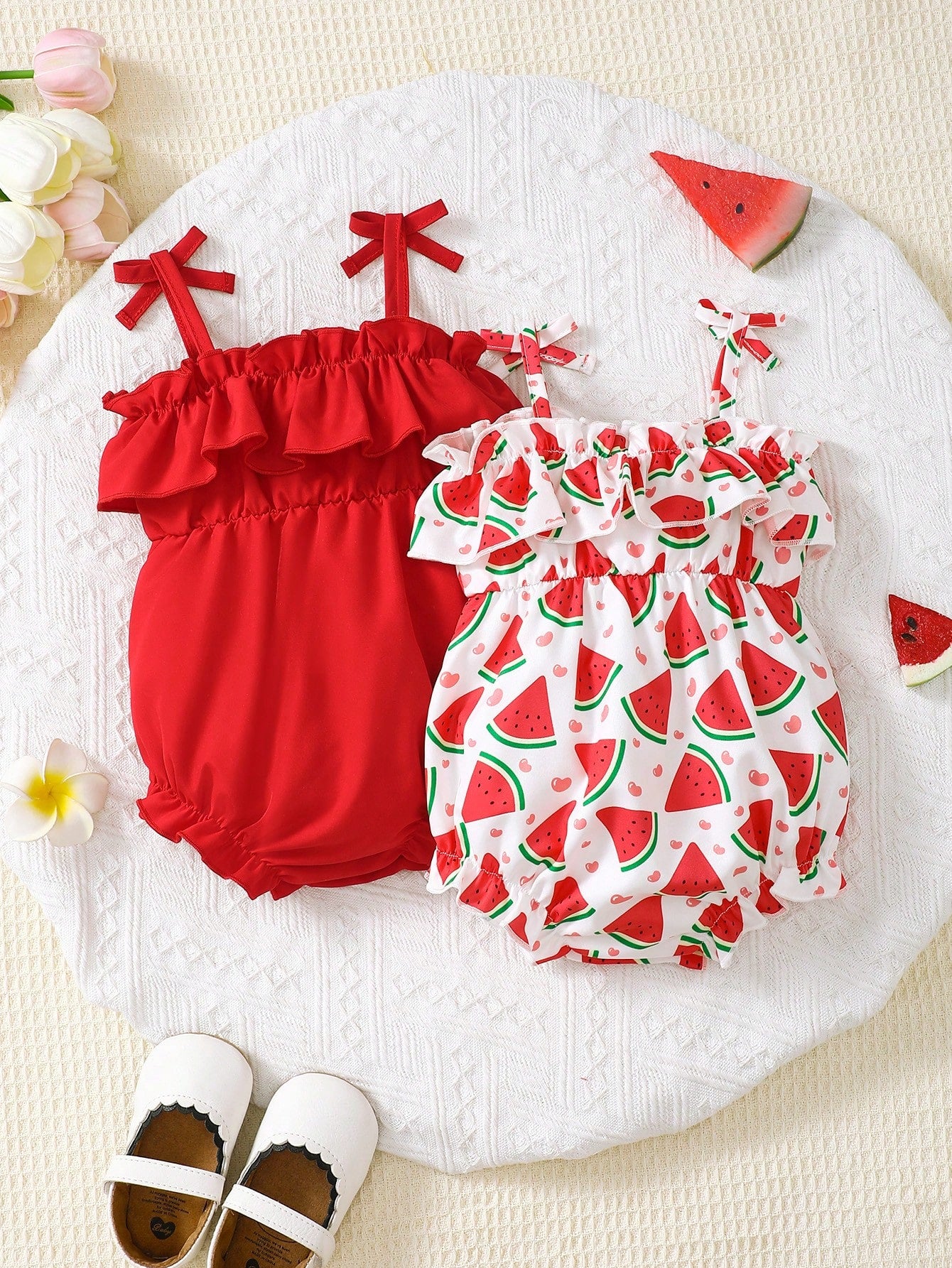 2pcs Girls Ruffle Spaghetti Strap Bodysuit Set - Scarlet