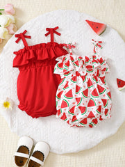 2pcs Girls Ruffle Spaghetti Strap Bodysuit Set - Scarlet